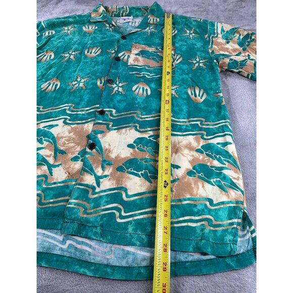 Vintage Hawaiian Dolphin Shirt Green & Beige Mens M Camp Resort - Picture 7 of 9